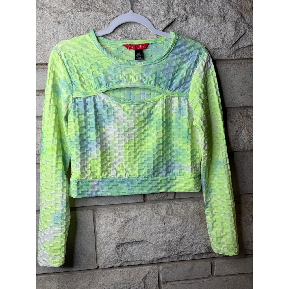 Hot Kiss Lime Green Tie Dye Popcorn‎ Textured Cutout Crop Top XL WLST4203